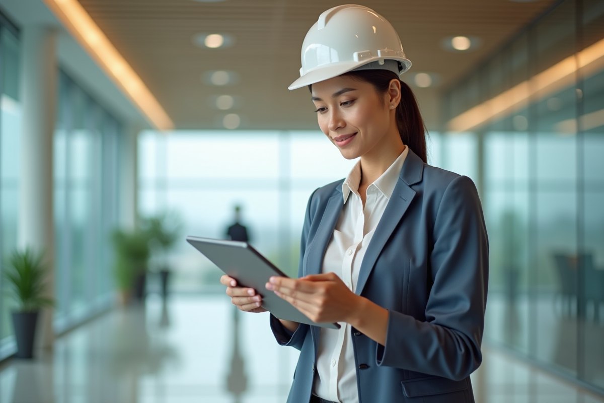 Site supervisor logging a photo-verified visit on a tablet in a corporate office