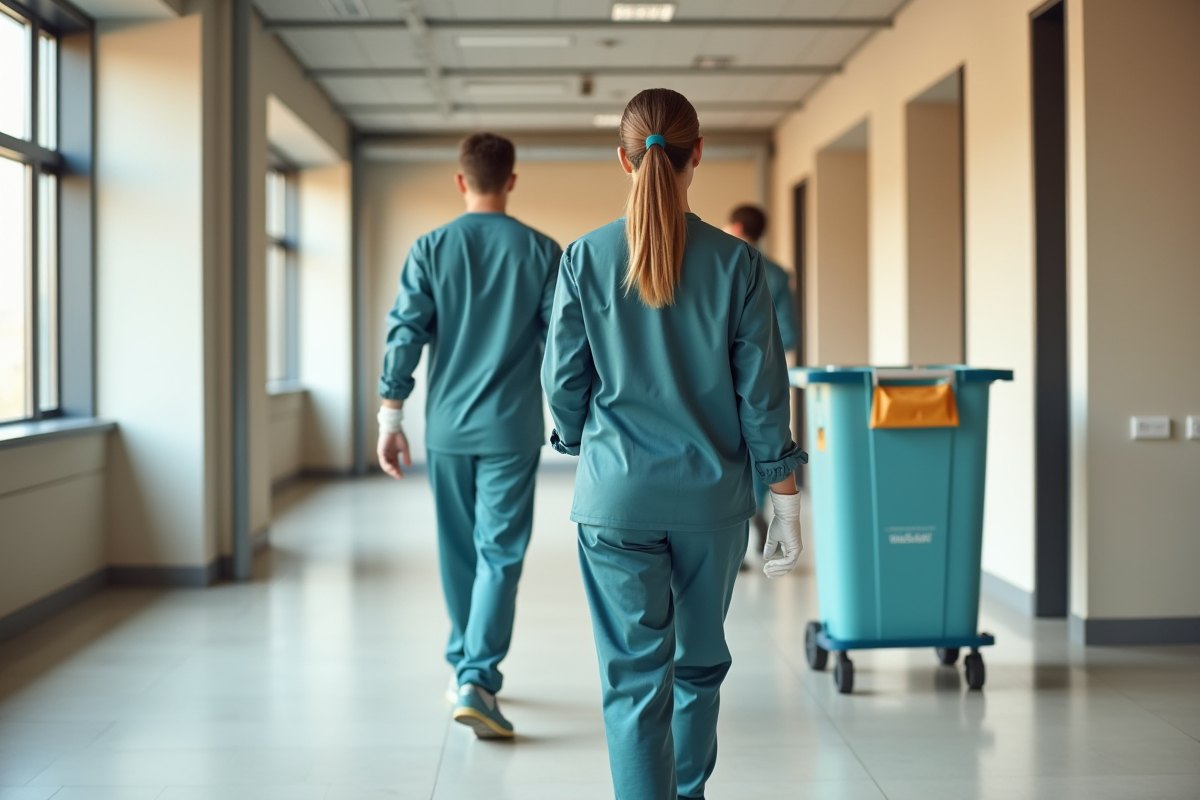 Commercial cleaning crew working through a modern office after hours