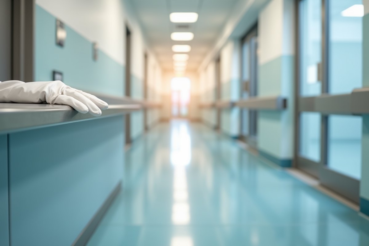 Gloved cleaner disinfecting stainless surfaces in a spotless medical clinic
