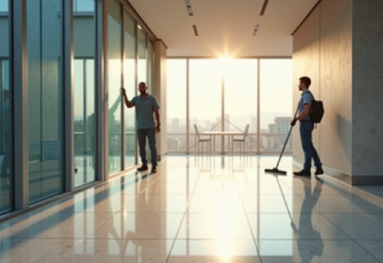 Professional commercial cleaners maintaining a modern corporate office lobby at dusk