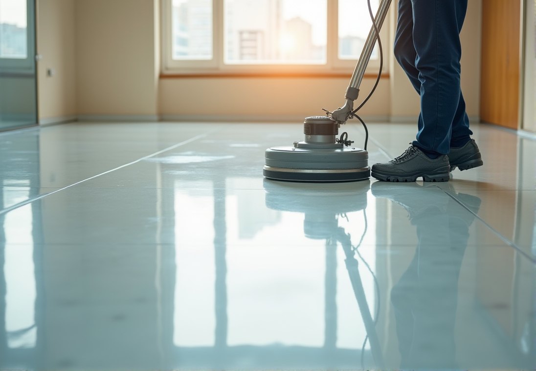 Floor-buffing machine polishing a commercial floor to a mirror shine