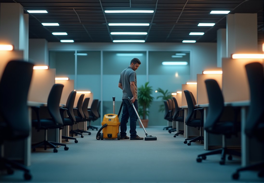 Cleaner servicing a modern office at night