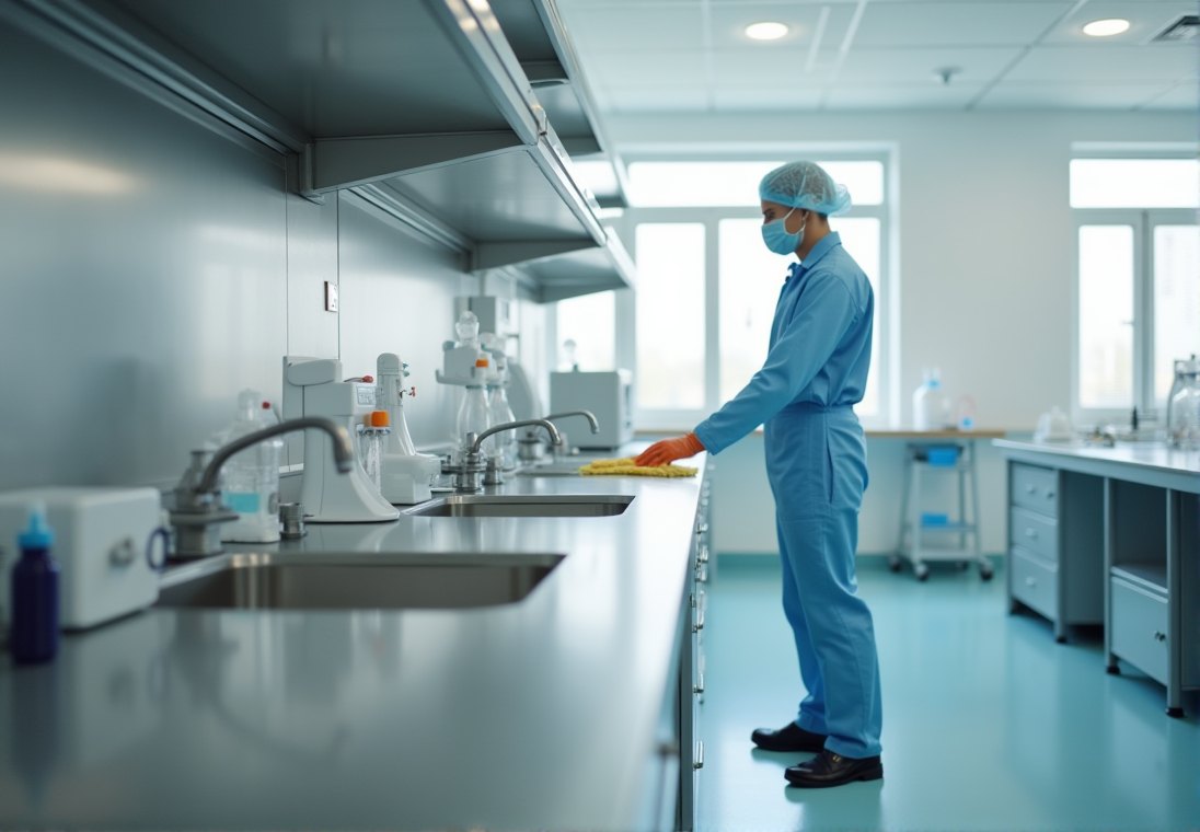 Technician in protective gear cleaning a regulated laboratory environment